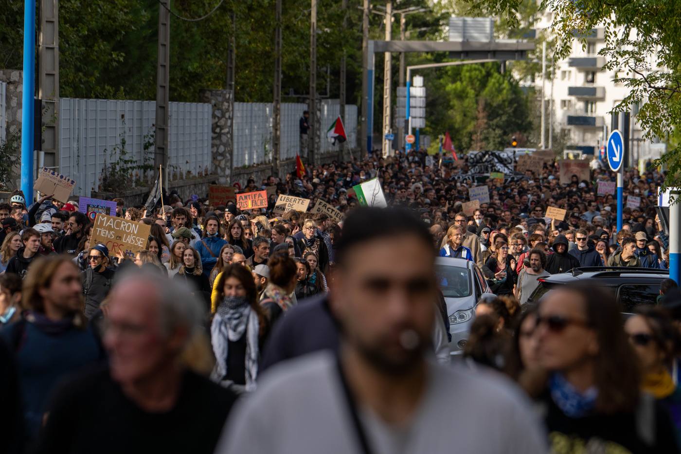 Cortège de la manifestation étudiante remplissant une avenue de Montpellier